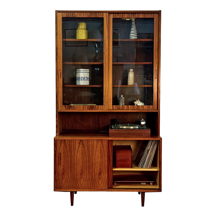 42&#8243; Danish Rosewood 2-Pc Storage | Sliding Door Cabinet w Glass Display Top