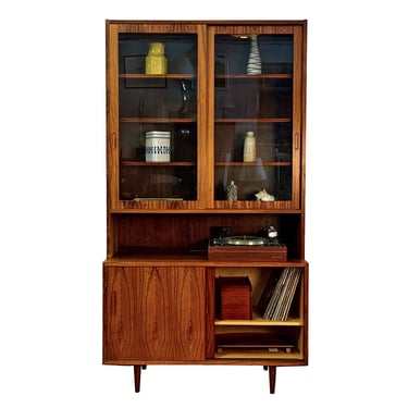 42″ Danish Rosewood 2-Pc Storage | Sliding Door Cabinet w Glass Display Top