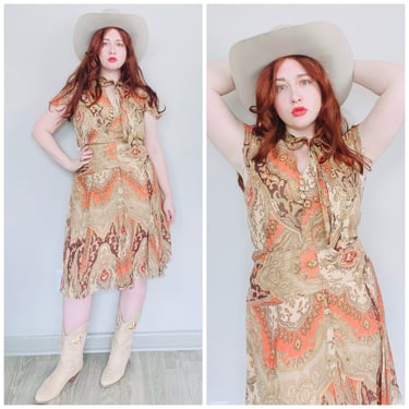 Y2K Orange and Brown Nygard Silk two Piece Set / Vintage 90s Paisley Pussybow Blouse and High Waisted Skirt / Large 