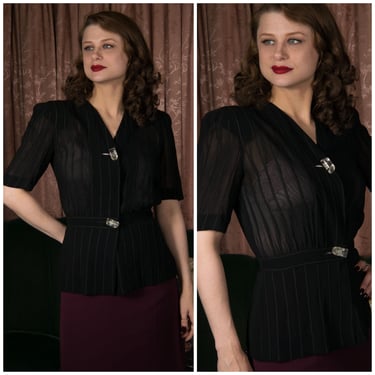 1940s Blouse - Wickedly Smart, Sturdy and Sheer Black Rayon Mesh Short Sleeved Top with Lucite  Statement Buttons 