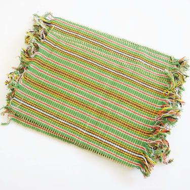 Vintage Green Multicolor Stripe Placemats set of 6 -  Woven Bamboo Cotton Boho Rectangle Placemats - Fringed Placemats Decor 