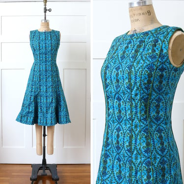 vintage 1960s cotton sundress • bright turquoise blue & green flared skirt sleeveless dress 