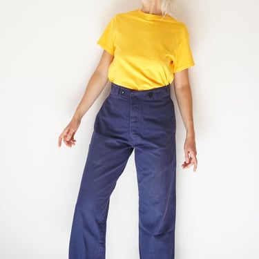 Vintage Work Deep Indigo Workwear Pants 27-32 W | High Waist Herringbone Cotton Navy Utility Trousers | Button Fly Chino Pant 