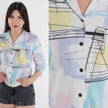 Brushstroke Print Shirt 90s Button Up Shirt Pastel Lavender Purple Abstract Pattern Retro 3/4 Sleeve Collared Top Vintage 80s Extra Small xs 