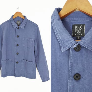 Washed Indigo 60s Style French Faded Blue Herringbone Cotton Twill Canvas Chore Jacket - S M L XL 