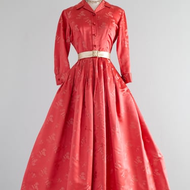 Luxurious 1950's Coral Silk Hostess Gown By Dynasty With Pockets / Small