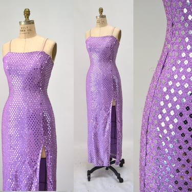 90s 2000s Y2k  Metallic Purple Prom Party Dress Tank Long Dress Small // Vintage Evening Pageant Dress Purple Flower Metallic knit Dress 