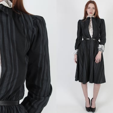 80s Romantic Goth Dress, Pilgrim Style Floral Lace Bodice, Full Skirt Black Vertical Striped Mini Dress 