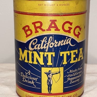 Bragg California Mint Tea Tin Live Food Products Co. Burbank Ca. Vinatge collectible tins, coffee can, vintage kitchen decor 