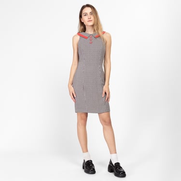 XS Y2K Black & White Houndstooth Mini Dress | Vintage Sleeveless Button Back Fitted Sheath Cocktail Dress 