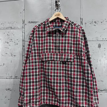 90’s Old Navy red plaid  Cotton Anorak Pullover Smock Military Army Men’s Large lightweight 