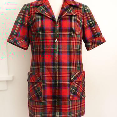 60's Red Plaid MOD Short Shift Dress, Zip Front, Vintage 1960's Tartan Mini Dress, Royal Stewart Shirt Jacket Dress wool 70's 
