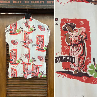 Vintage 1940’s Hula Lei Seller Silky Rayon Tea-Timer Hawaiian Blouse Shirt, 40’s Tropical Shirt, Vintage Clothing 