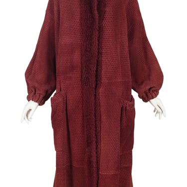 Fendi by Karl Lagerfeld 1980s Vintage Burgundy Perforated Suede & Shearling Balloon Sleeve Coat 