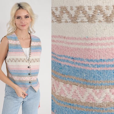 Southwestern Tapestry Vest 80s Woven Button Up Top Brown Suede Pink Blue Cream Striped Mexican Blanket Cowgirl Print Vintage 1980s Small S 