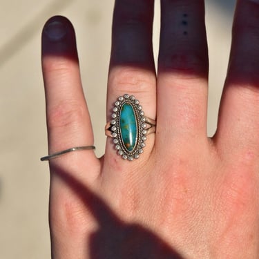Native American Sterling Silver Turquoise Ring, Marbled Turquoise Gemstone, Silver Bead Setting, Wide Spilt Prong Band, Size 7 US 