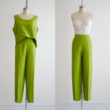 green silk pants 90s y2k vintage lime green silk tank top pants 2 piece suit set 