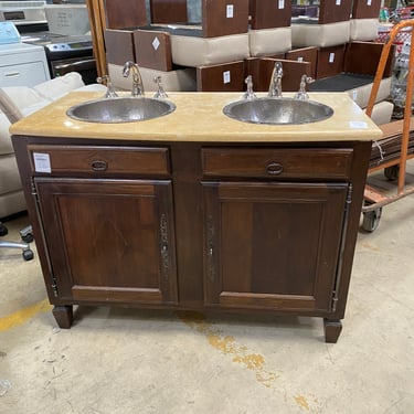 Double Bathroom Vanity with Hammered Metal Sinks and Stone Countertop