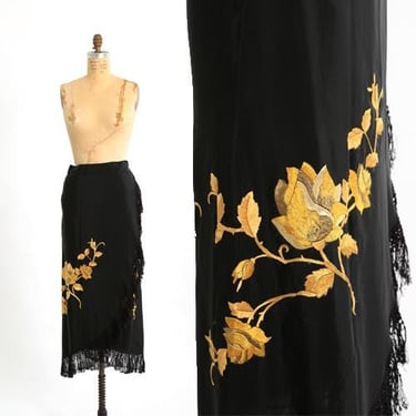 Antique Vintage black Silk embroidered floral Piano Shawl fringe wrap skirt 