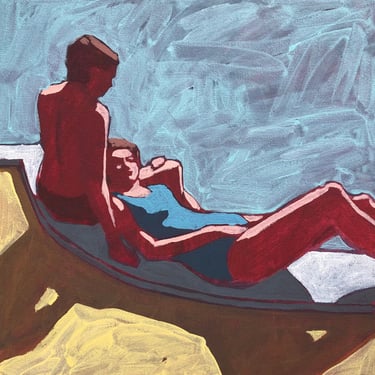 Pool #148 - Original Acrylic Painting on Canvas 14 x 14, michael van, mid century modern, retro, woman, man, couple, romance, yellow, blue 