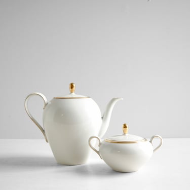 Vintage White and Gold Porcelain Teapot and Sugar Bowl by Seltmann Weiden of Bavaria 