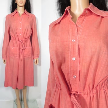 Vintage 70s/80s Coral Gauzy Cotton Lightweight Drawstring Waist Shirtdress Made In USA Size L 