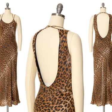 Vintage Y2K Dress | 2000s does 1930s Shimmery Bias Cut Leopard Animal Print Low Cut Open Back Maxi Full Evening Party Gown (x-small/small) 