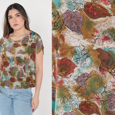 Abstract Floral Shirt 90s Blouse Retro Brushstroke Watercolor Flower Print Top Bohemian Olive Green White Brown Vintage 1990s Medium Large 