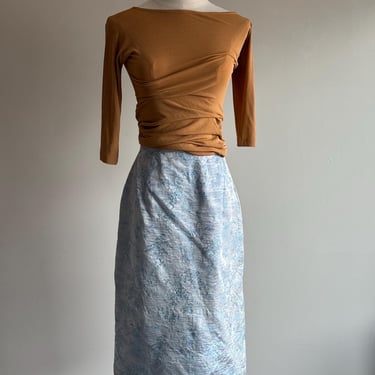 vintage 50s / 60s metallic brocade pencil skirt in ice blue with Chinoiserie style motif Bamboo and other flora 