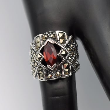 Art Deco 40's garnet marcasite sterling size 4.75 ring, ornate 925 silver pyrite red marquise gem graduated band 