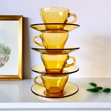 Amber Yellow Glass Cup & Saucer Set, Vintage Vitrosax Italy by Bormioli Rocco, Mid Century Coffee Tea Cappuccino Set Choose your Set Size 