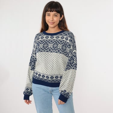 90s Cotton Sweater Bright Blue Geometric Diamond Knit Jumper