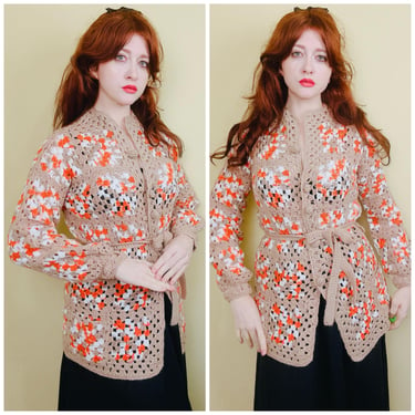 1970s Vintage Orange and Brown Granny Square Cardigan / 70s Homemade Acrylic Belted Sweater / Size Medium - Large 