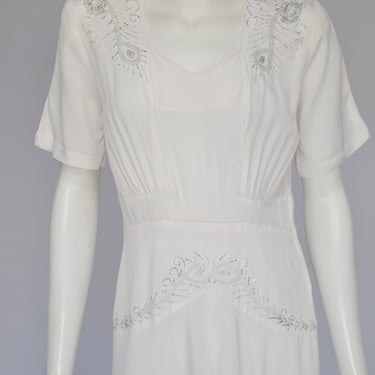 1940s white rayon dress with beading M/L 