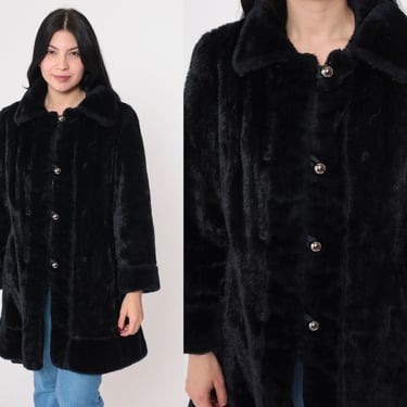 Black Faux Fur Coat 70s Fake Fur Jacket Retro Glam Bohemian Jacket Boho Furry Rock Fuzzy Winter Seventies Button Up Vintage 1970s Medium 