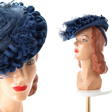 Vintage 1940s Tilt Hat | 40s Ostrich Feather Loopty Blue Wool Felt Formal Hat with Head Strap 