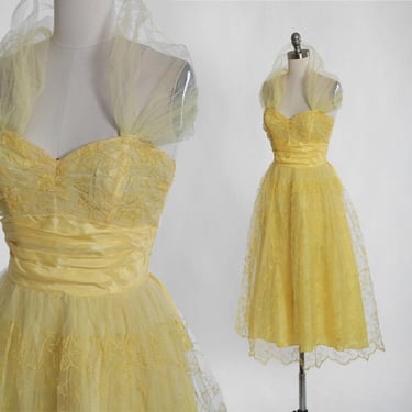 Vintage 1950s yellow floral embroidered tulle wedding dress 