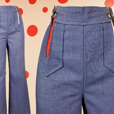 60s mod zipper pants. Wide leg high rise sailor curvy fit blue white red polyester unique. (29 x 30 1/2) 