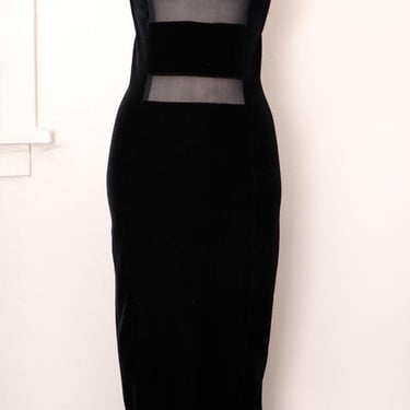 Black Long Evening Dress Vintage 1980's Veluer Lycra Velvet Bodycon Pencil Dress, Sexy Party Gown, Sheer Panels, Backless Cross Back 