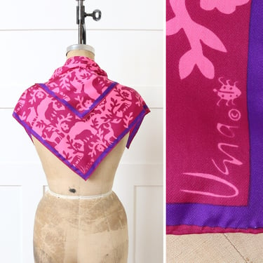 rare vintage Vera 1960s scarf in super bright pink & purple • novelty woodland animal print square scarf 
