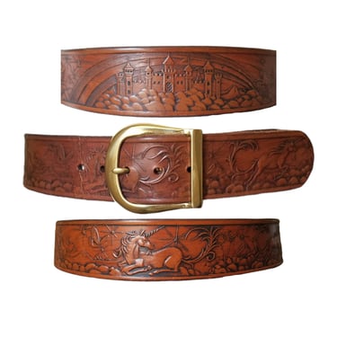 Vintage Tooled Leather Belt, Extra Large / Brown 1970s  display picture 1