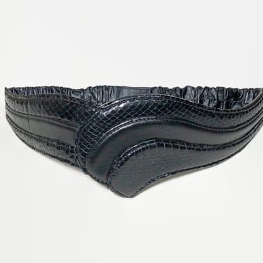 VINTAGE 80s Comeco Snakeskin & Leather Wide Asymmetrical Cinch Belt | 1980s Statement Belt Black S/M 27-34 Waist VFG 