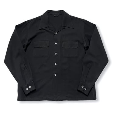 Vintage 1950s BOTANY Black Rayon Gabardine Shirt ~ size L ~ Loop Collar / Flap Pockets ~ Gab 