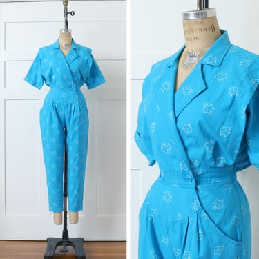 vintage 1980s one-piece outfit • bright turquoise blue novelty fish print jumpsuit with pockets 