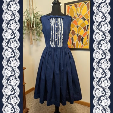 Vintage 1950s Navy & White Cotton Sleeveless Full Skirt Dress with Lace Details, Rhinestone studded buttons, and a Neckline Bow  