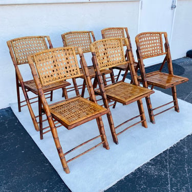 Set of 6 Vintage Bamboo Folding Chairs with Rattan Cane Backs - Hollywood Regency Coastal Palm Beach Patio Furniture 