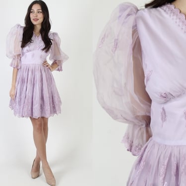 Romantic Embroidered Violet Chiffon Mini Dress, 1970's Elegant Scallop Hem, Full Sweeping Circle Skirt, Large Billowy Puff Sheer Sleeves 