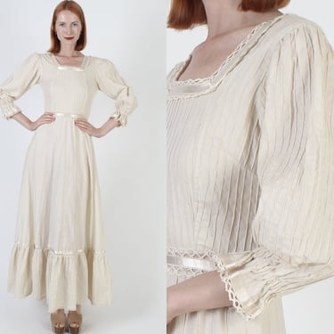 Cream Mexican Prairie Wedding Dress Plain Crochet Lace Gown Vintage Monochrome Striped Maxi Dress 