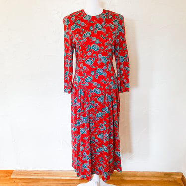 80s Red Provencal Floral Basque Waist Romantic Puff Sleeve Midi Dress | Small/Medium 