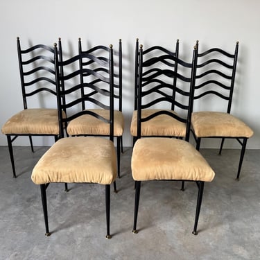 1970s Vintage Italian Gio Ponti-Style High Ladder Back Metal Dining Chairs with Brass Finials – Set of 6 